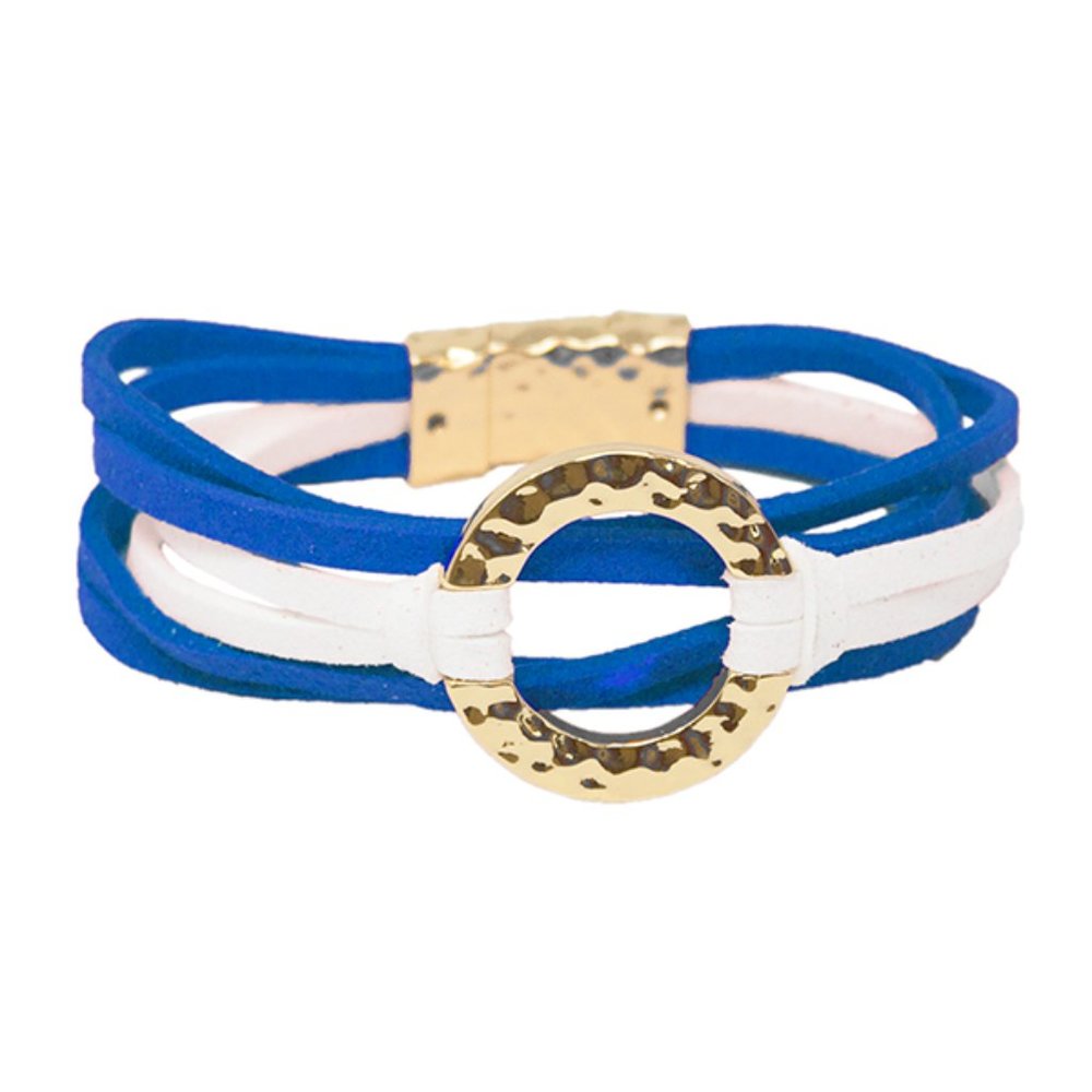 Blue and White Hammered Circle & Suede Bracelet